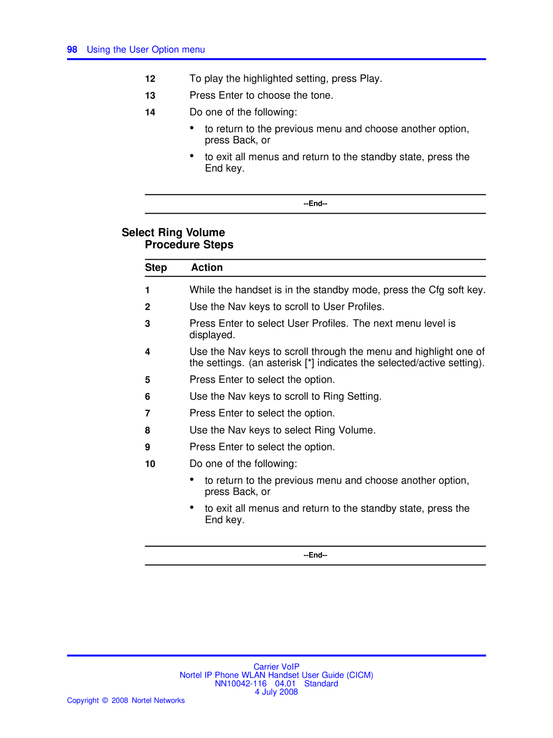 Nortel Networks NN10042-116 manual Select Ring Volume Procedure Steps 