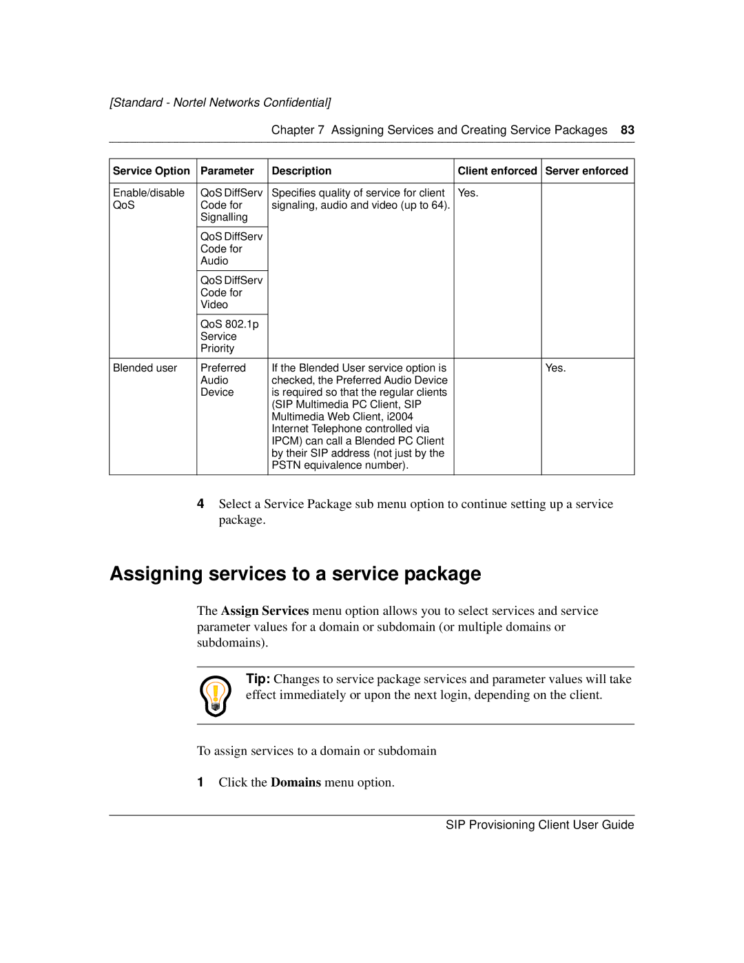 Nortel Networks NN10043-113 manual Assigning services to a service package 