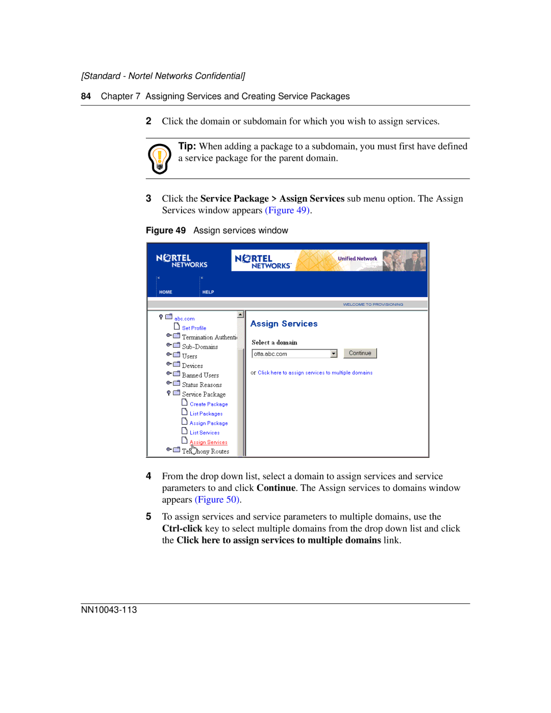 Nortel Networks NN10043-113 manual Assign services window 