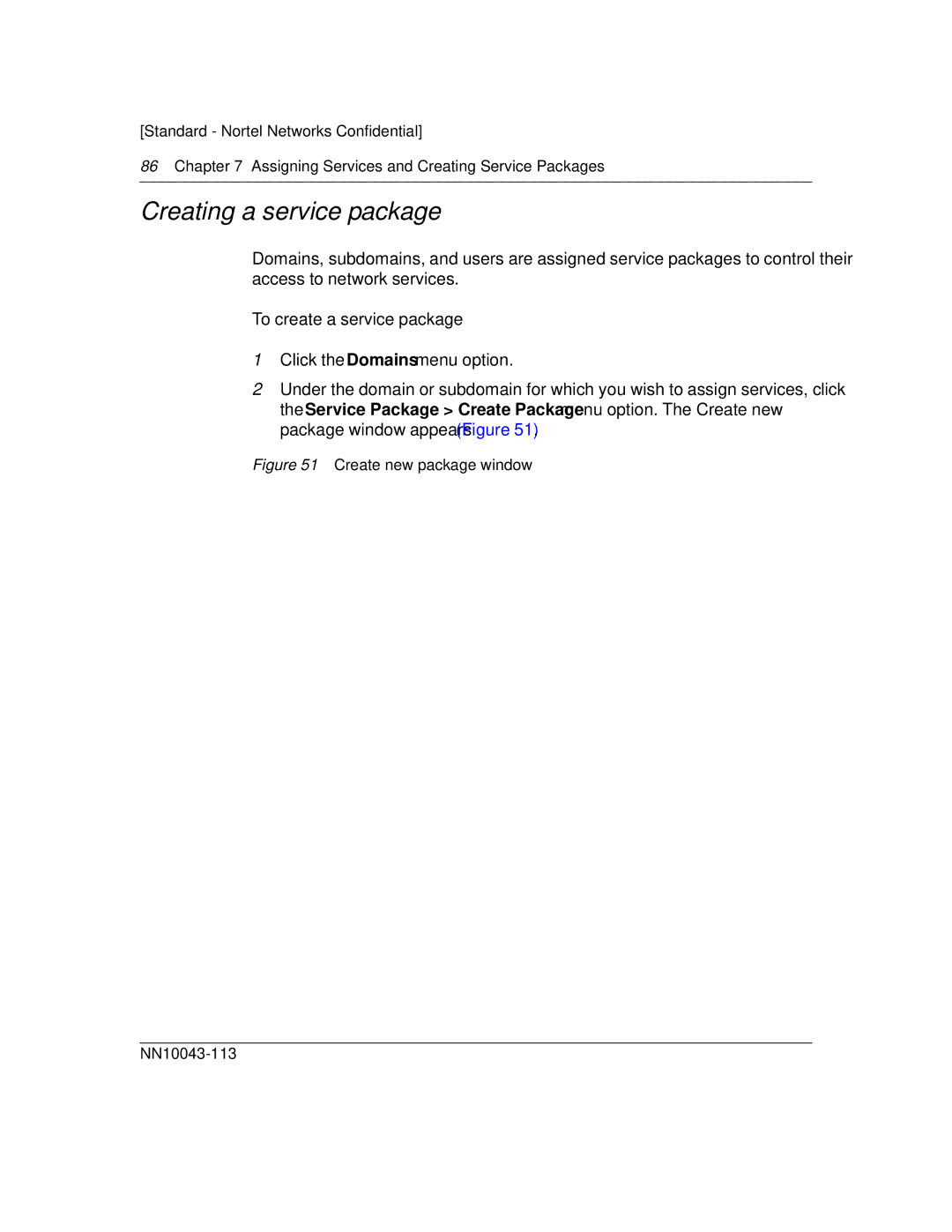 Nortel Networks manual Creating a service package, Create new package window NN10043-113 