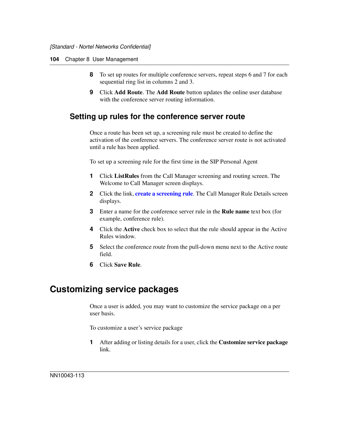 Nortel Networks NN10043-113 manual Customizing service packages, Setting up rules for the conference server route 