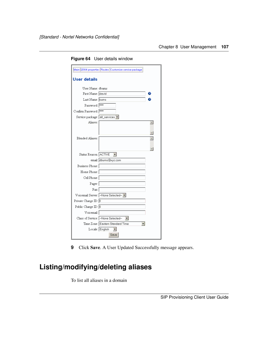 Nortel Networks NN10043-113 manual Listing/modifying/deleting aliases, User details window 