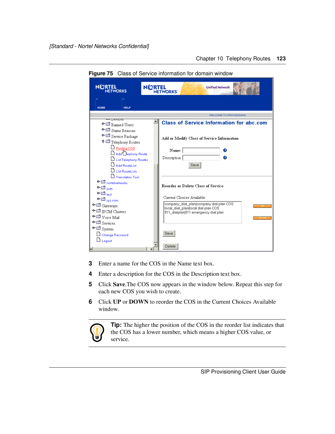 Nortel Networks NN10043-113 manual Class of Service information for domain window 