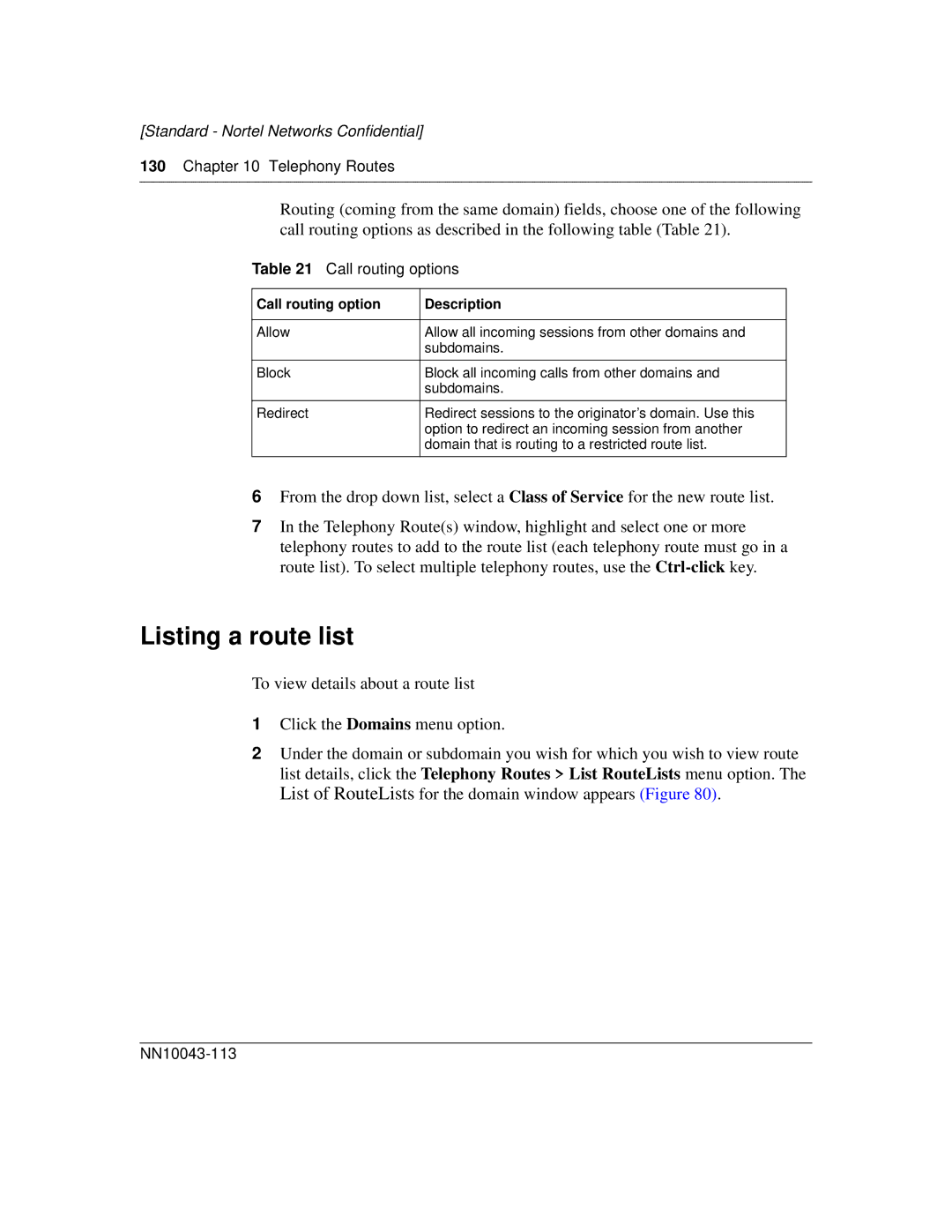 Nortel Networks NN10043-113 manual Listing a route list, Call routing options 