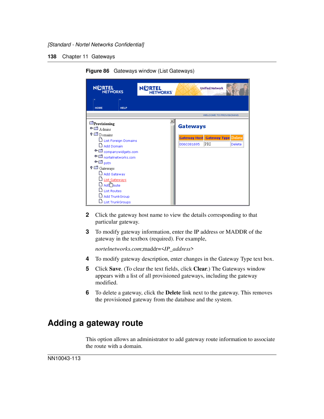 Nortel Networks NN10043-113 manual Adding a gateway route, Gateways window List Gateways 