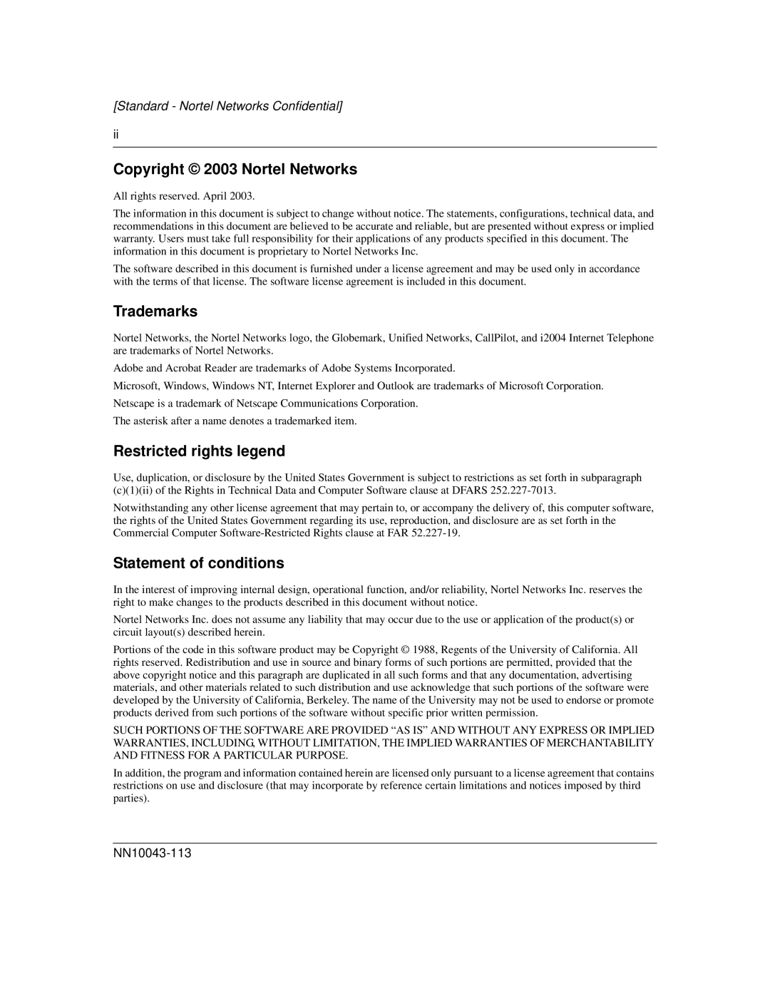 Nortel Networks NN10043-113 manual Copyright 2003 Nortel Networks 