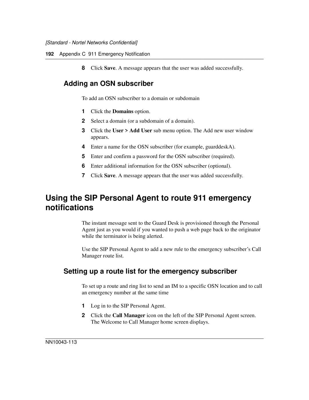 Nortel Networks NN10043-113 manual Adding an OSN subscriber, Setting up a route list for the emergency subscriber 