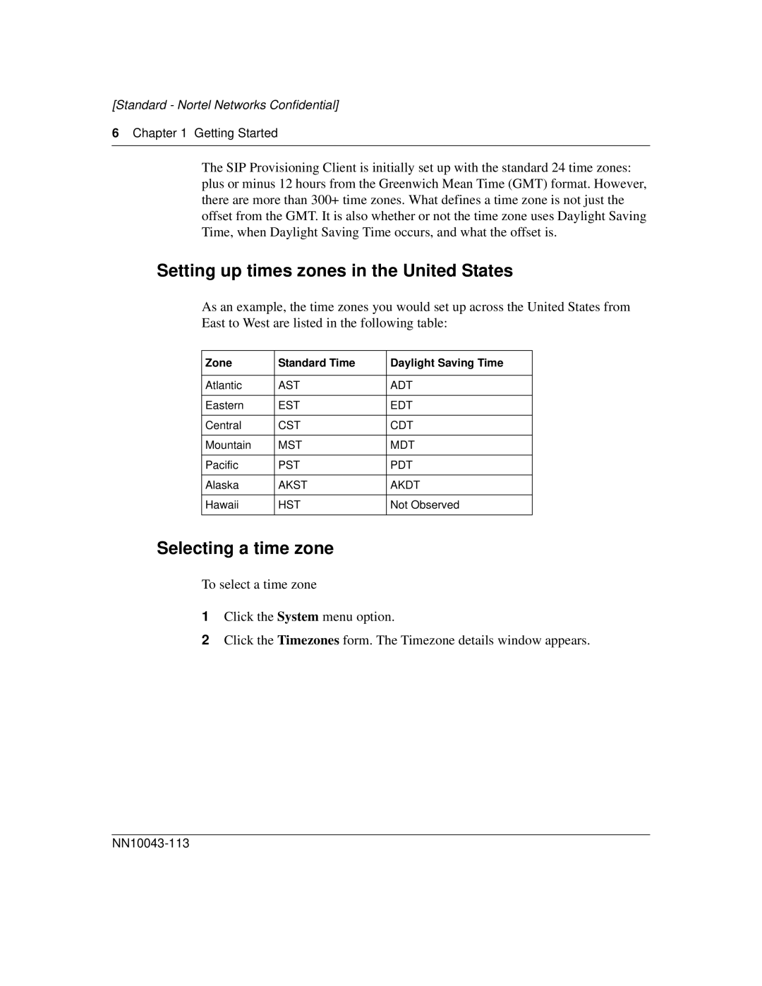 Nortel Networks NN10043-113 manual Setting up times zones in the United States, Selecting a time zone 