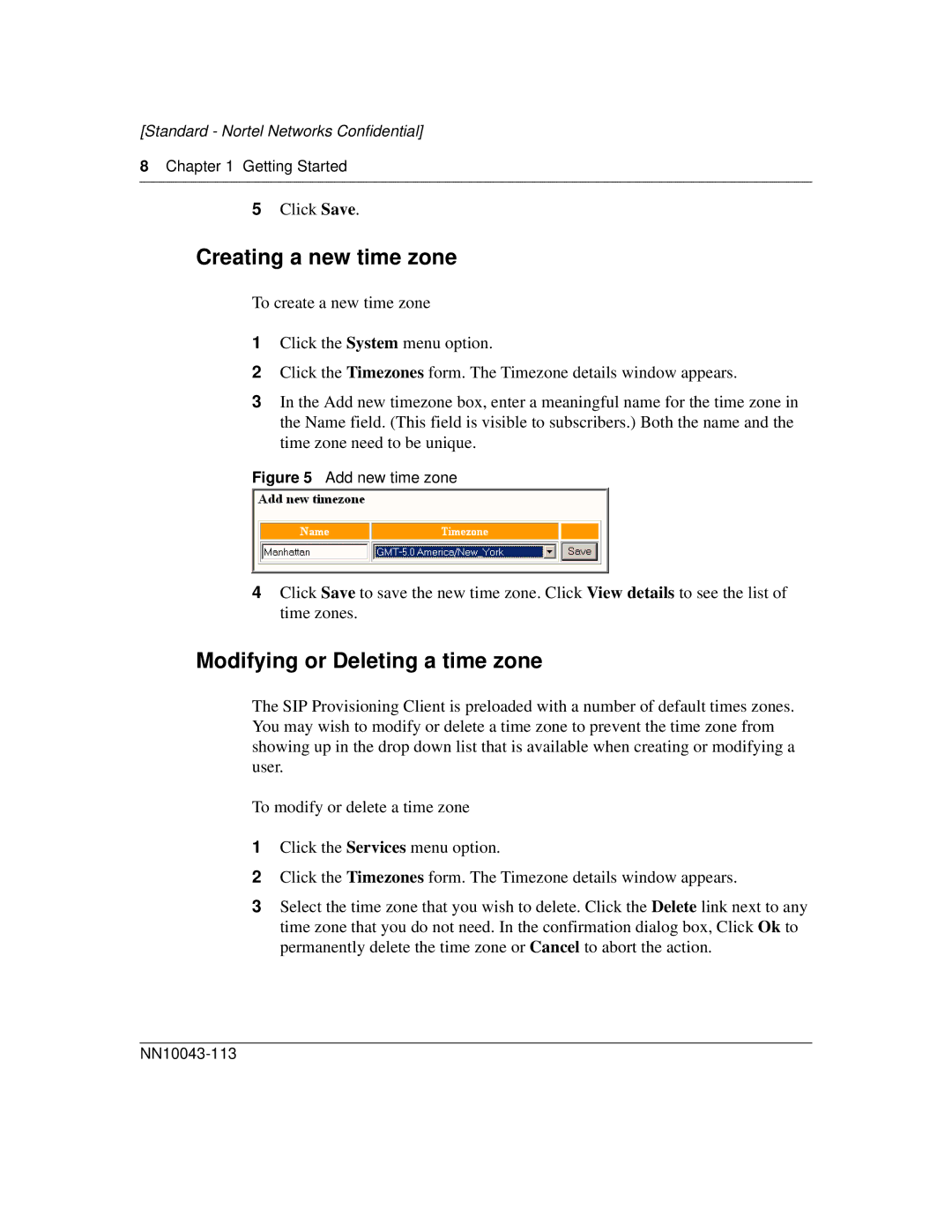 Nortel Networks NN10043-113 manual Creating a new time zone, Modifying or Deleting a time zone 