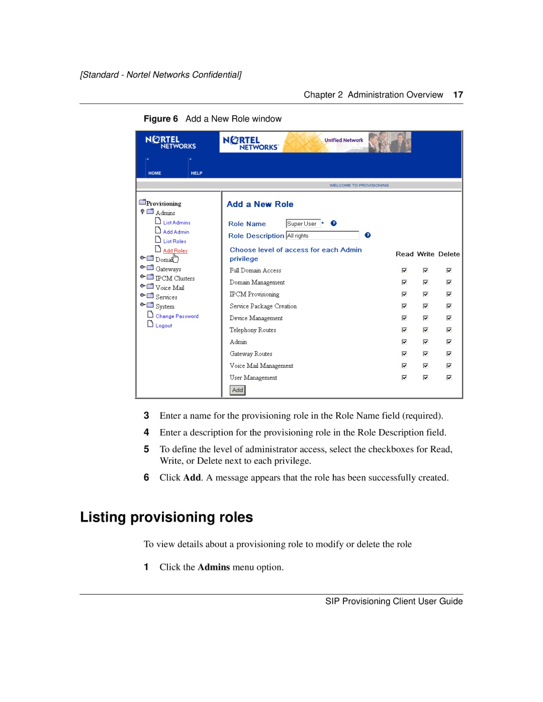 Nortel Networks NN10043-113 manual Listing provisioning roles, Add a New Role window 