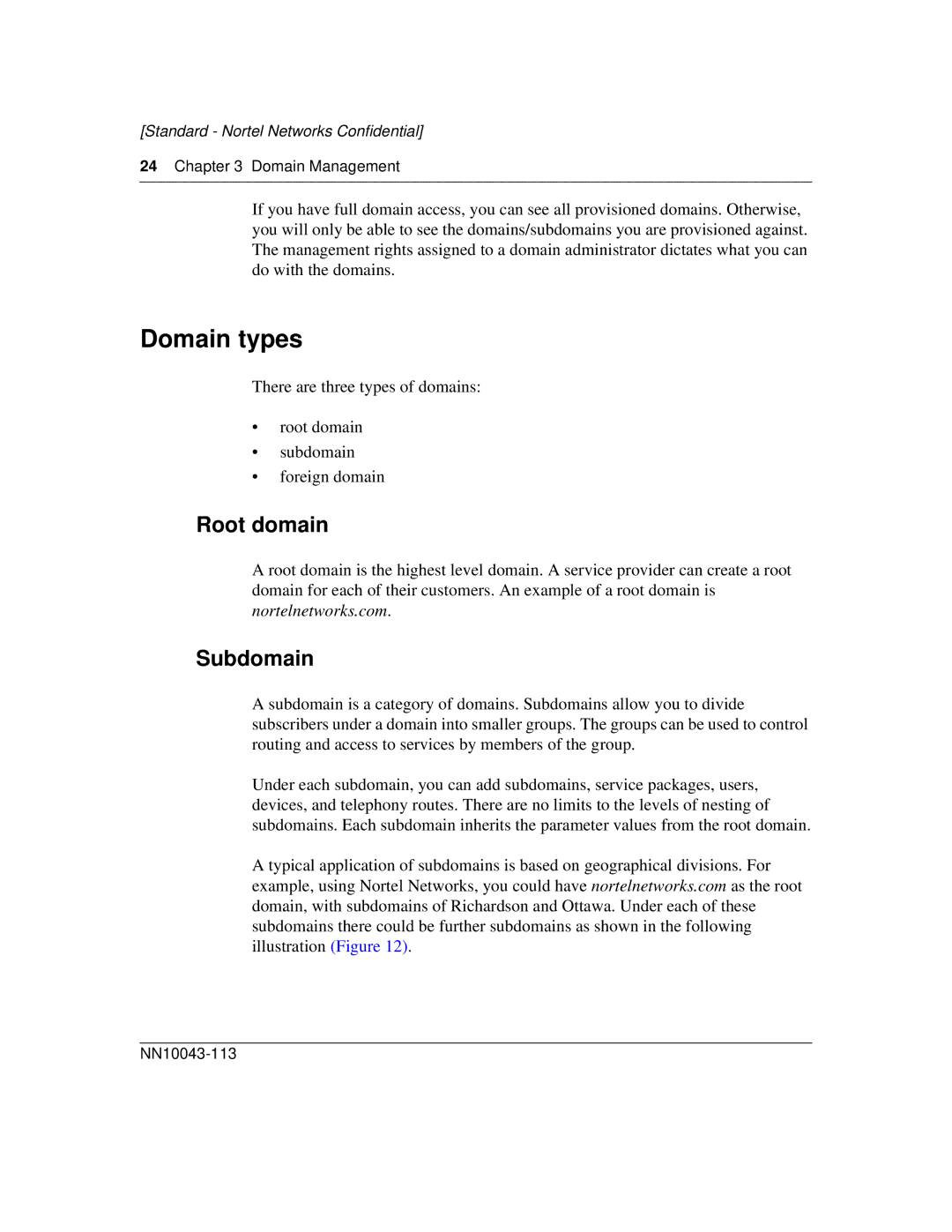 Nortel Networks NN10043-113 manual Domain types, Root domain, Subdomain, Domain Management 