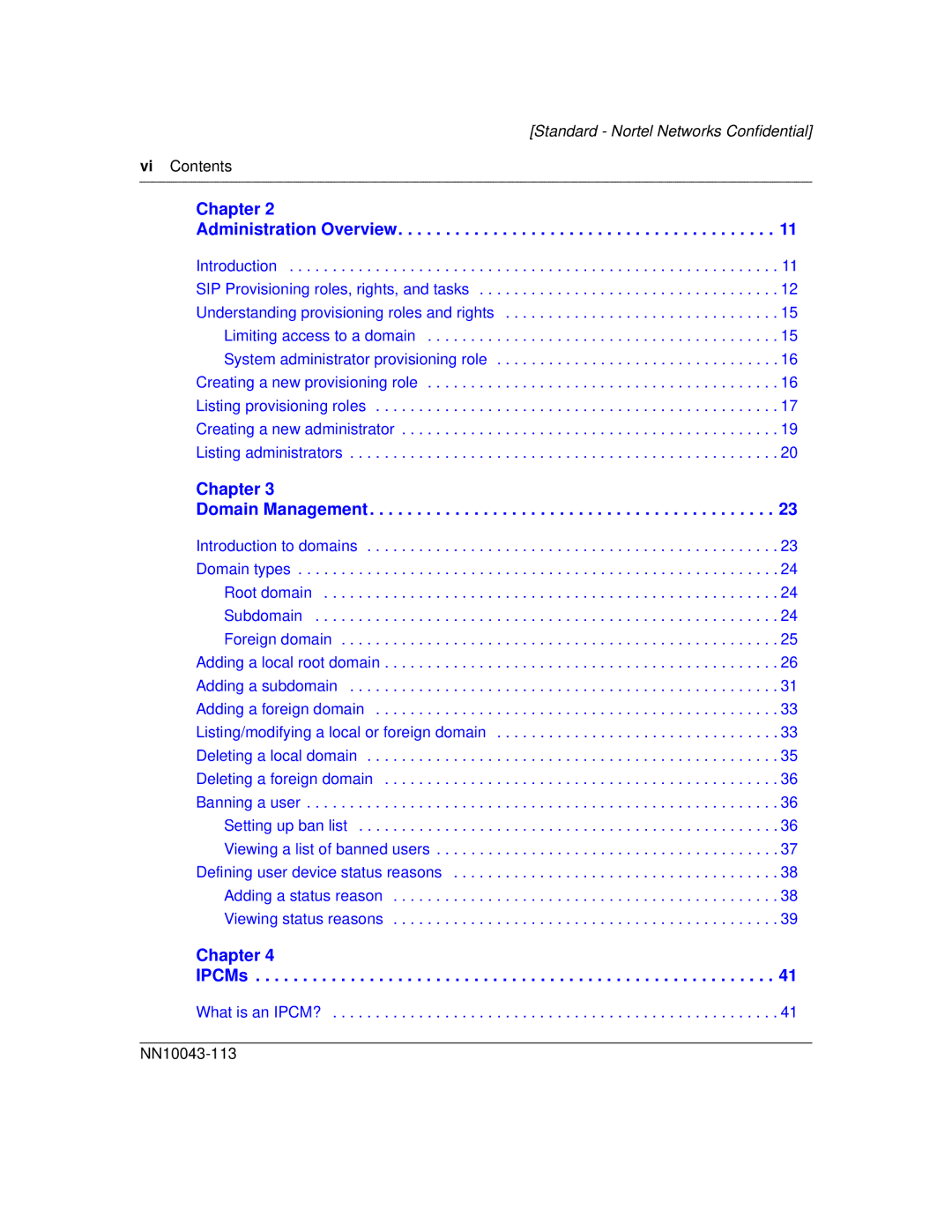 Nortel Networks NN10043-113 manual Chapter Administration Overview, Vi Contents 