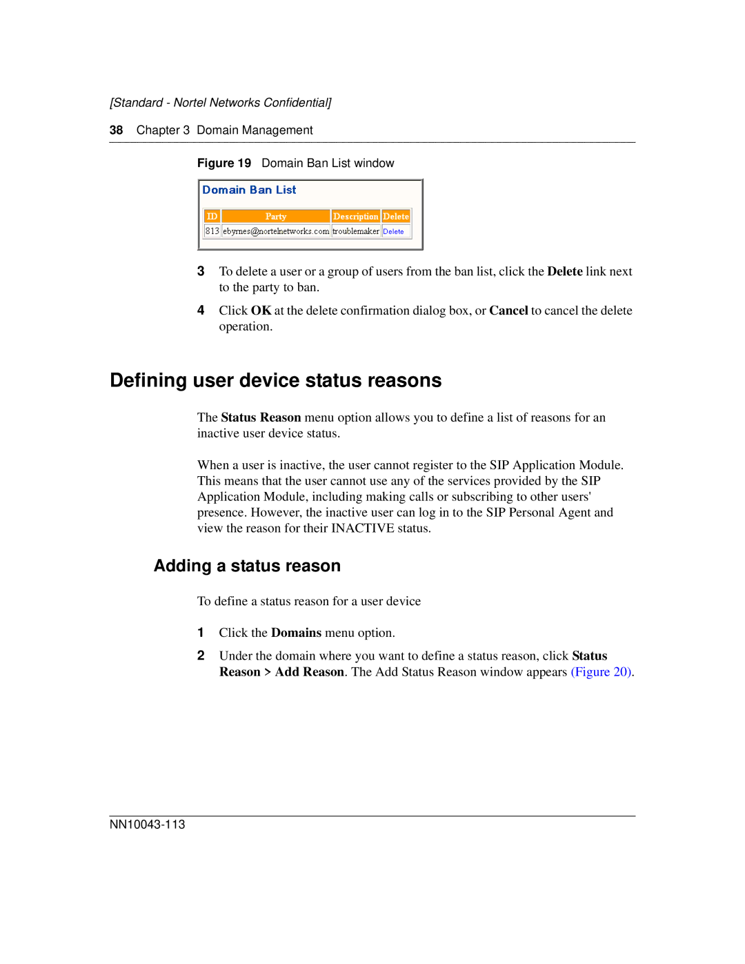 Nortel Networks NN10043-113 manual Defining user device status reasons, Adding a status reason 