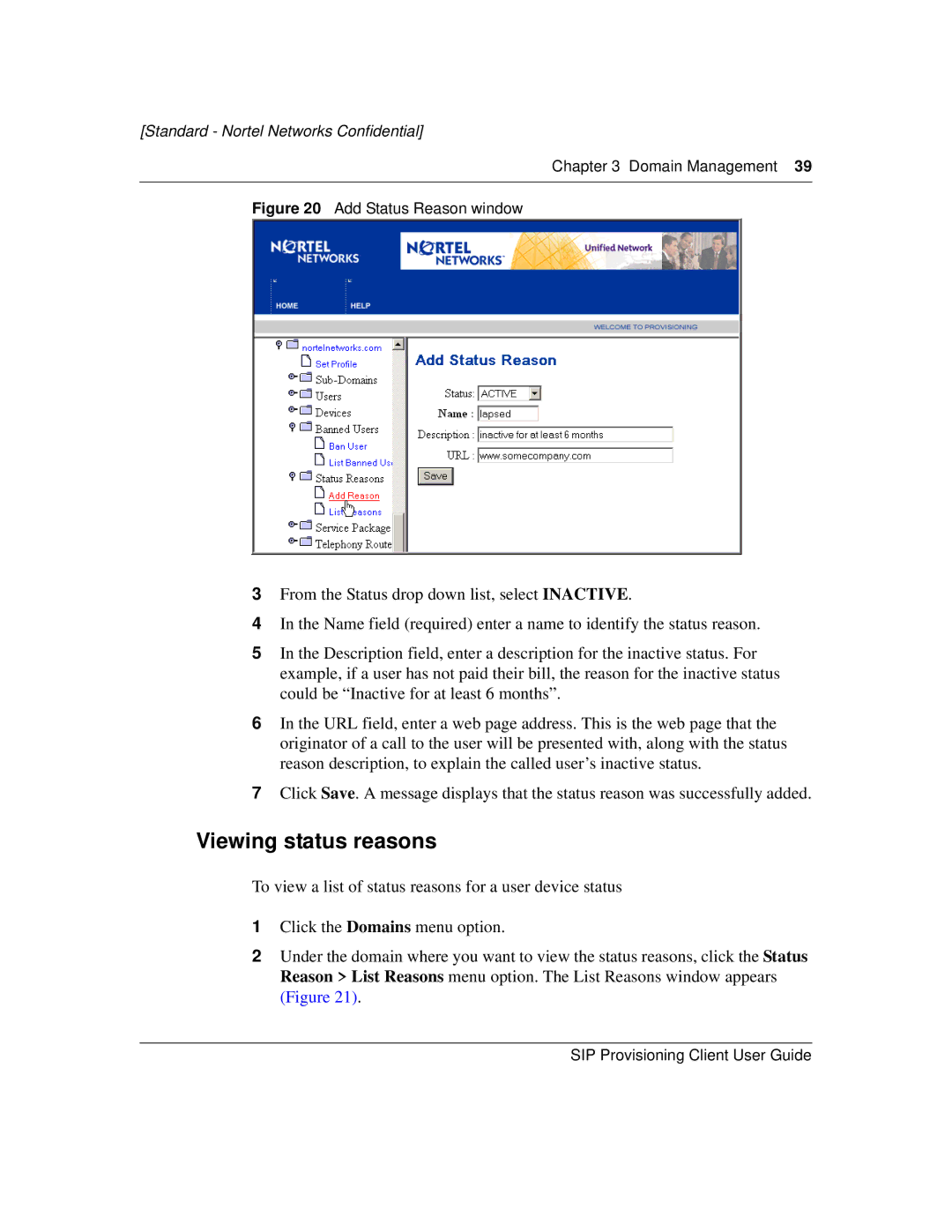 Nortel Networks NN10043-113 manual Viewing status reasons, Add Status Reason window 