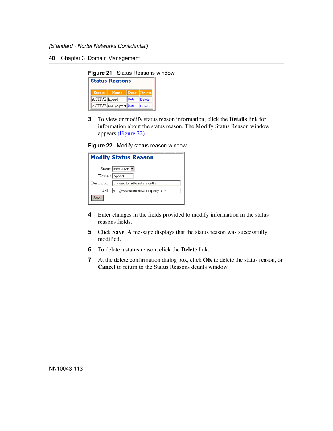 Nortel Networks NN10043-113 manual Status Reasons window 