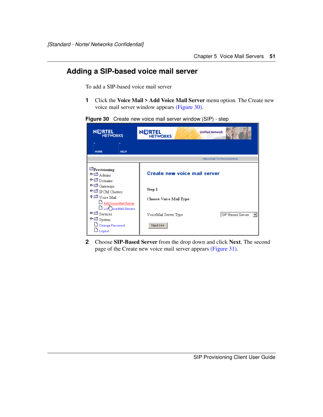 Nortel Networks NN10043-113 manual Adding a SIP-based voice mail server, Create new voice mail server window SIP step 