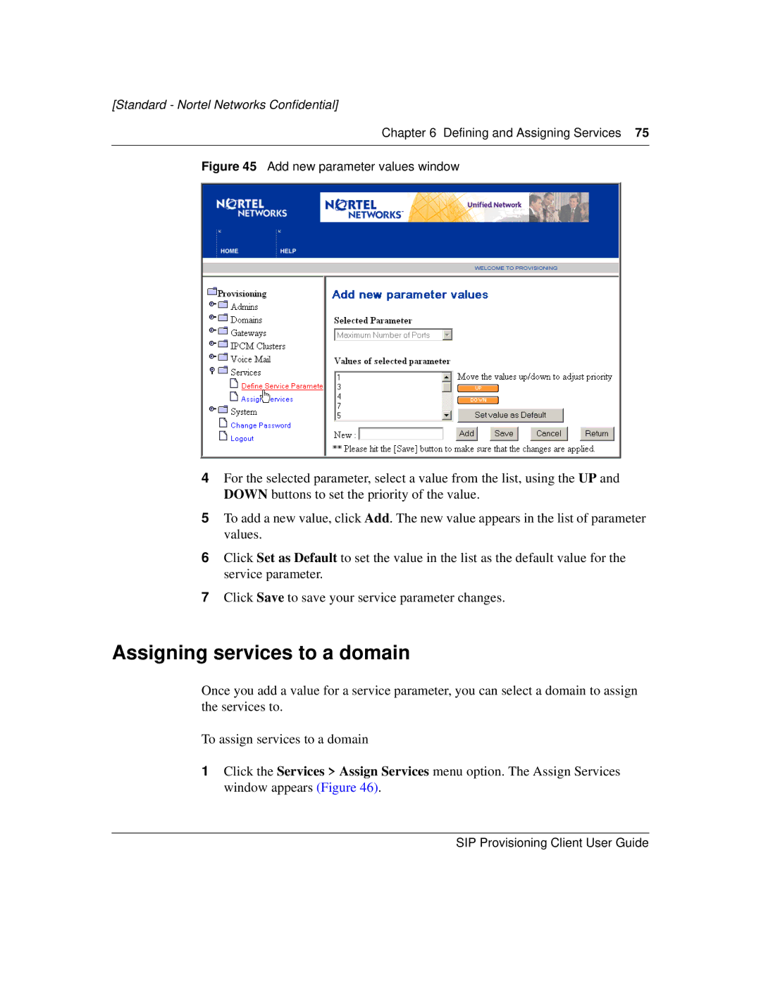 Nortel Networks NN10043-113 manual Assigning services to a domain, Add new parameter values window 