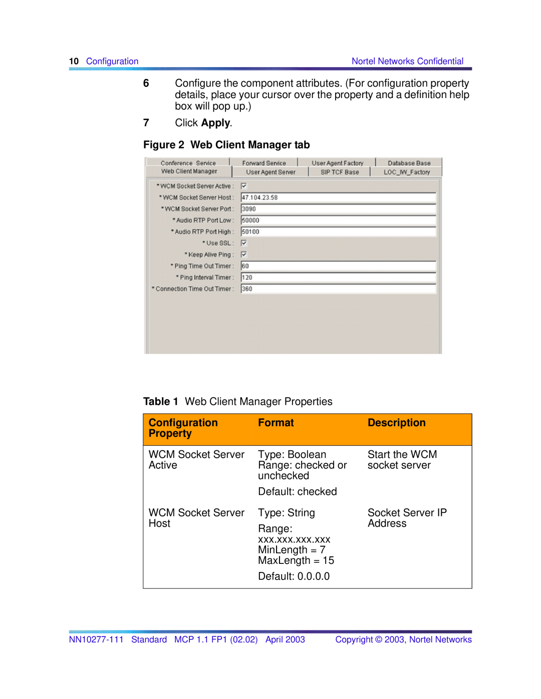 Nortel Networks NN10277-111 manual Web Client Manager tab, Configuration, Format, Description, Property 