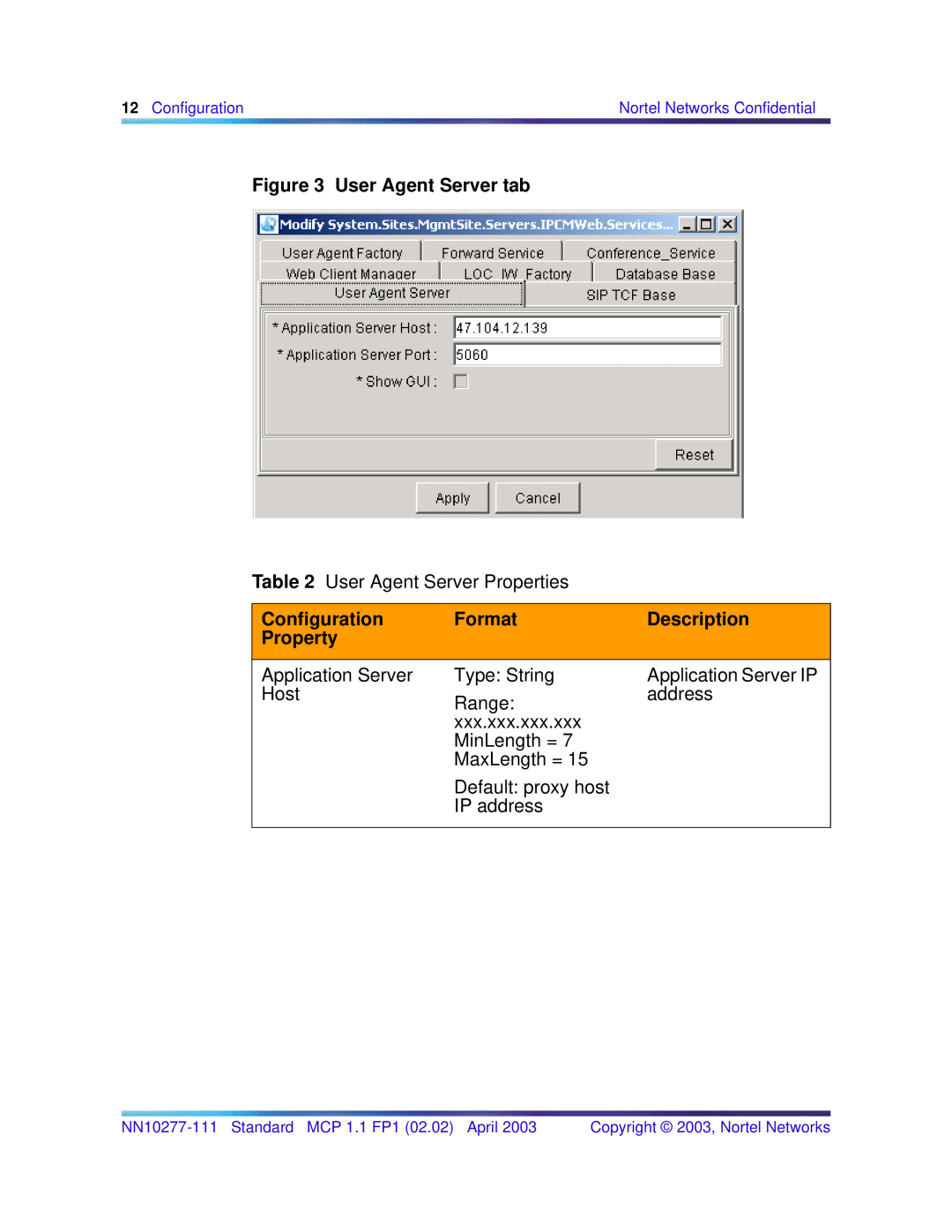 Nortel Networks NN10277-111 manual User Agent Server tab, Configuration, Format, Description, Property 