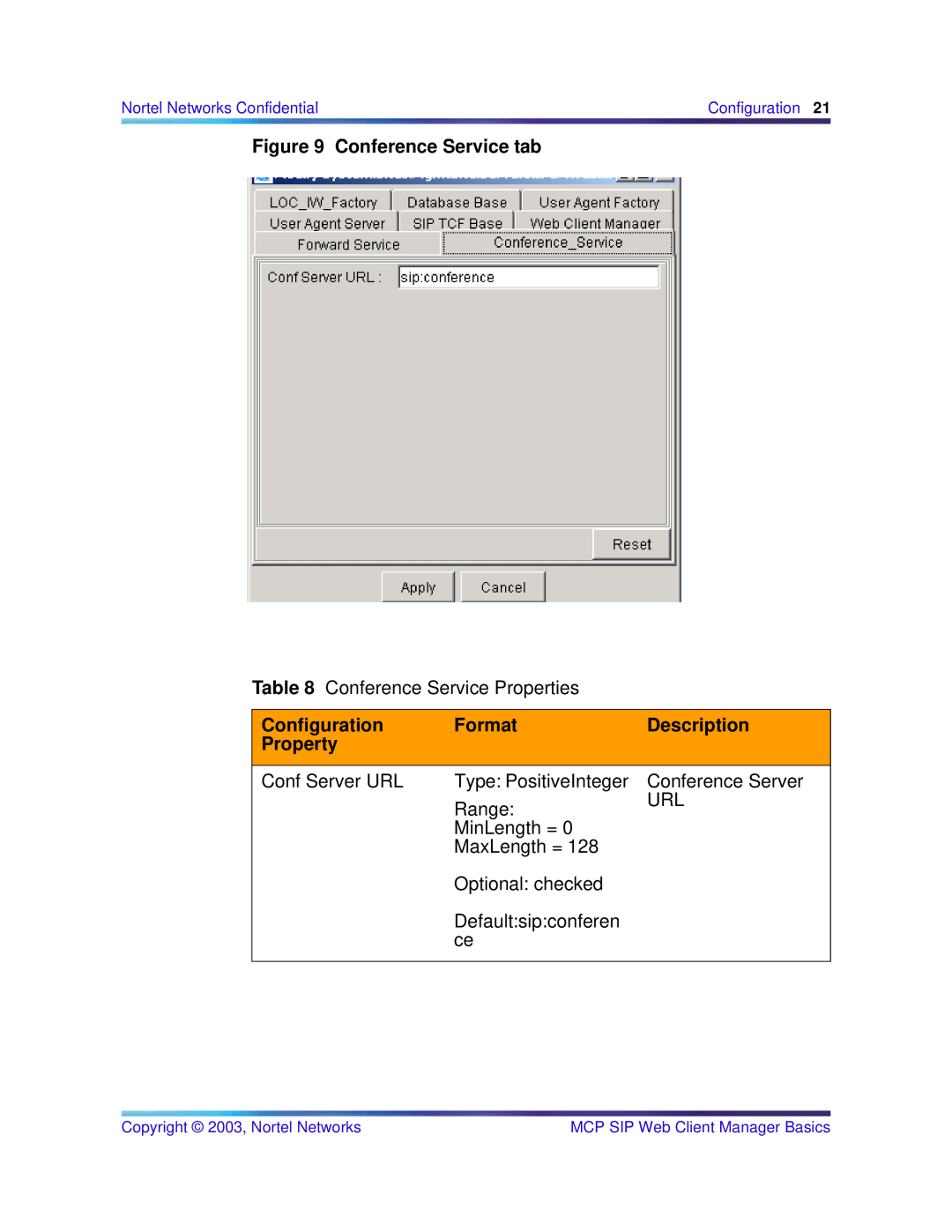 Nortel Networks NN10277-111 manual Conference Service tab, Configuration, Format, Description, Property 