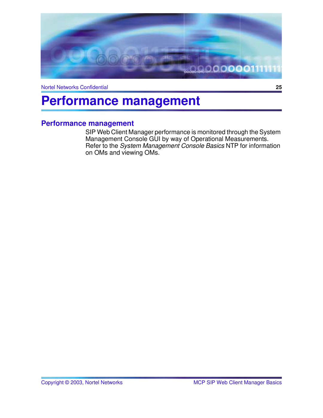 Nortel Networks NN10277-111 manual Performance management, Nortel Networks Confidential, Copyright 2003, Nortel Networks 