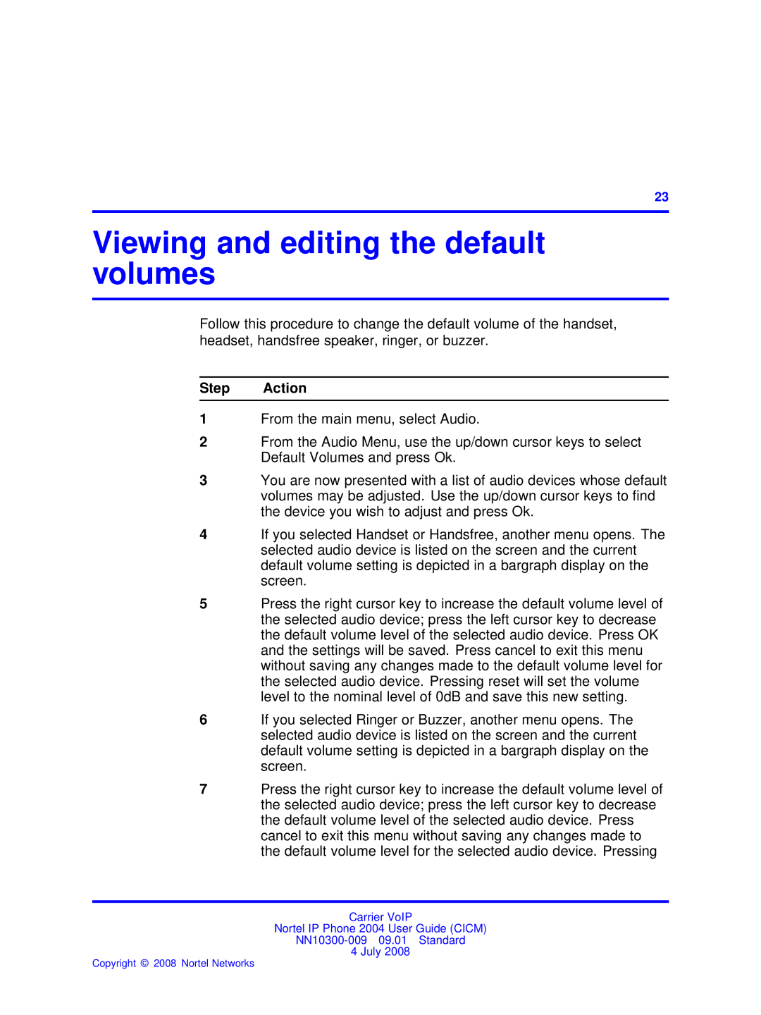 Nortel Networks NN10300-009 manual Viewing and editing the default volumes 