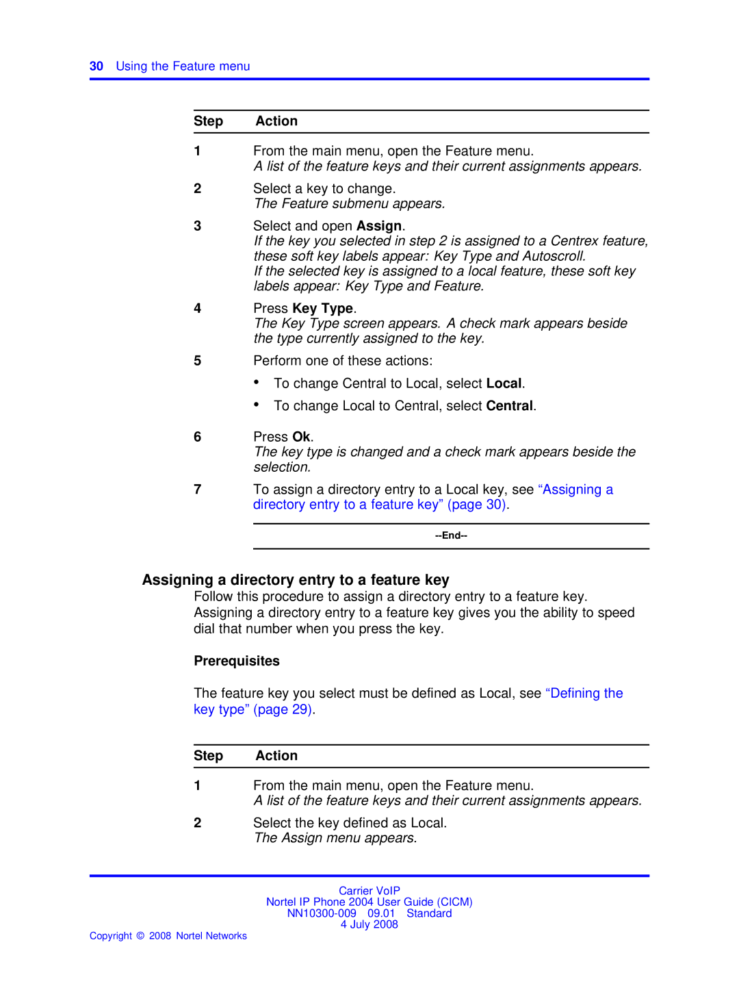 Nortel Networks NN10300-009 manual Assigning a directory entry to a feature key, Feature submenu appears 