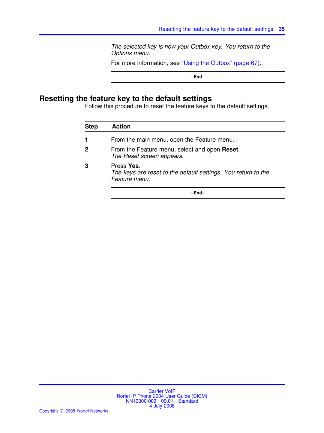 Nortel Networks NN10300-009 manual Resetting the feature key to the default settings 