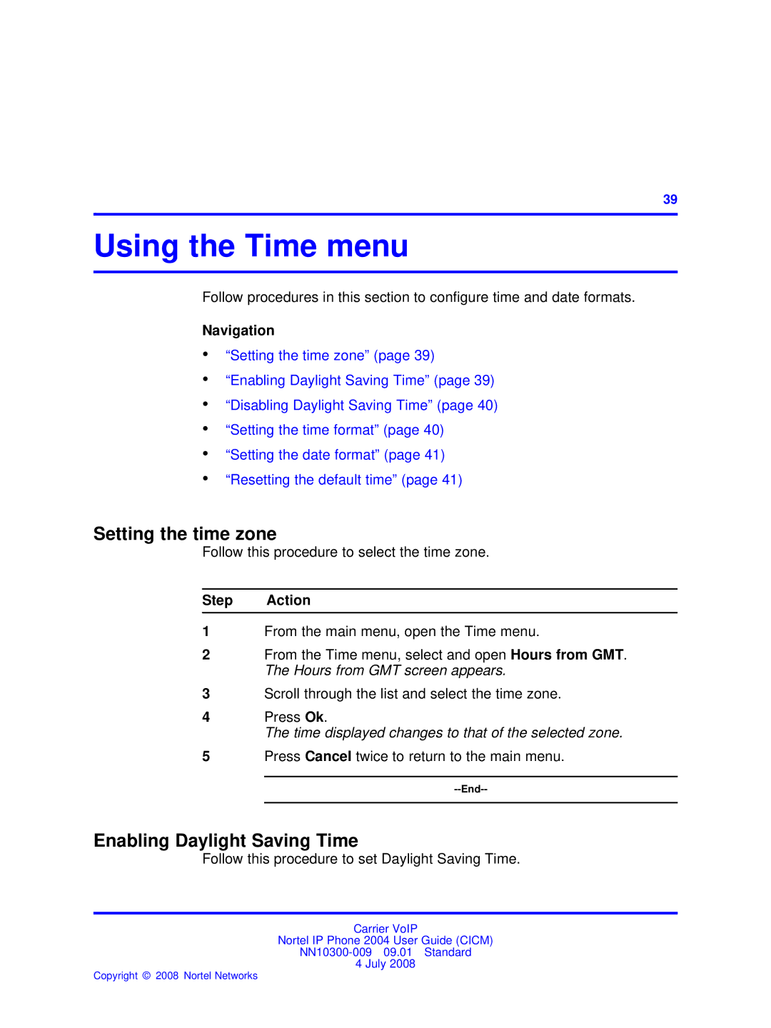 Nortel Networks NN10300-009 manual Using the Time menu, Setting the time zone, Enabling Daylight Saving Time 