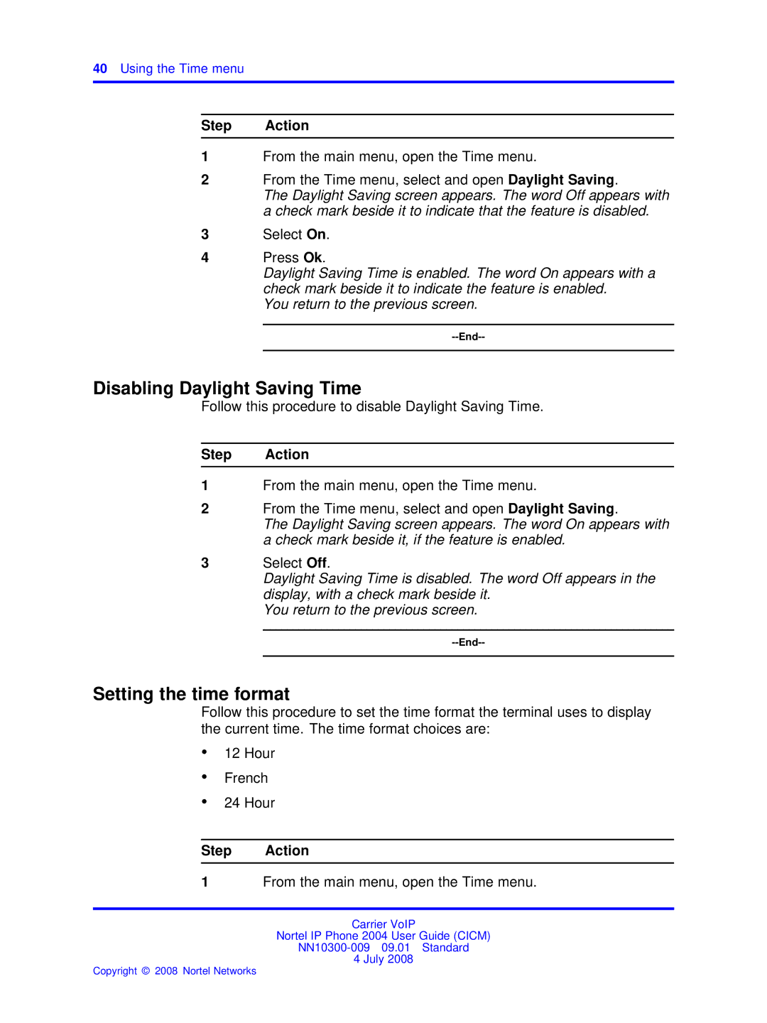 Nortel Networks NN10300-009 manual Disabling Daylight Saving Time, Setting the time format 