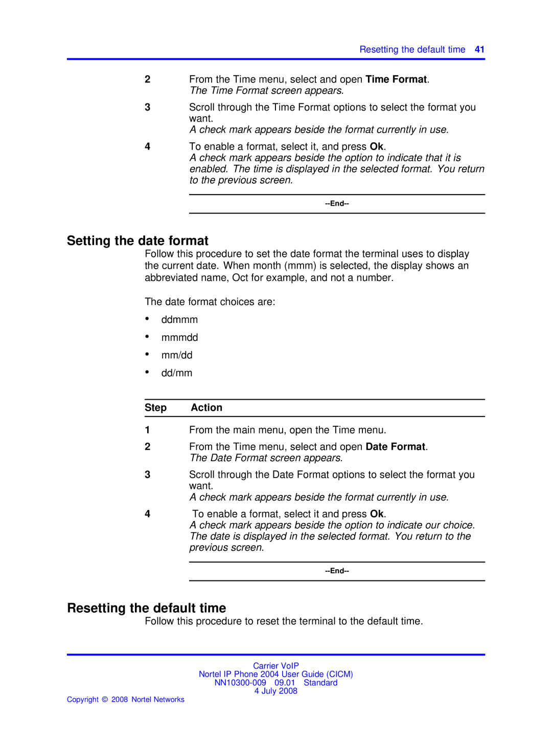 Nortel Networks NN10300-009 manual Setting the date format, Resetting the default time 