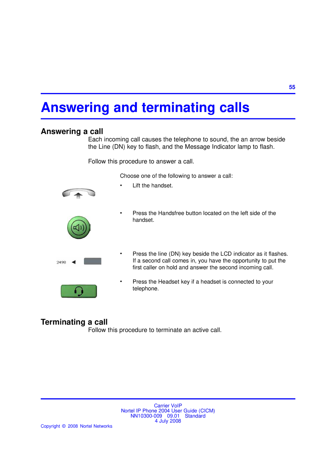 Nortel Networks NN10300-009 manual Answering and terminating calls, Answering a call, Terminating a call 