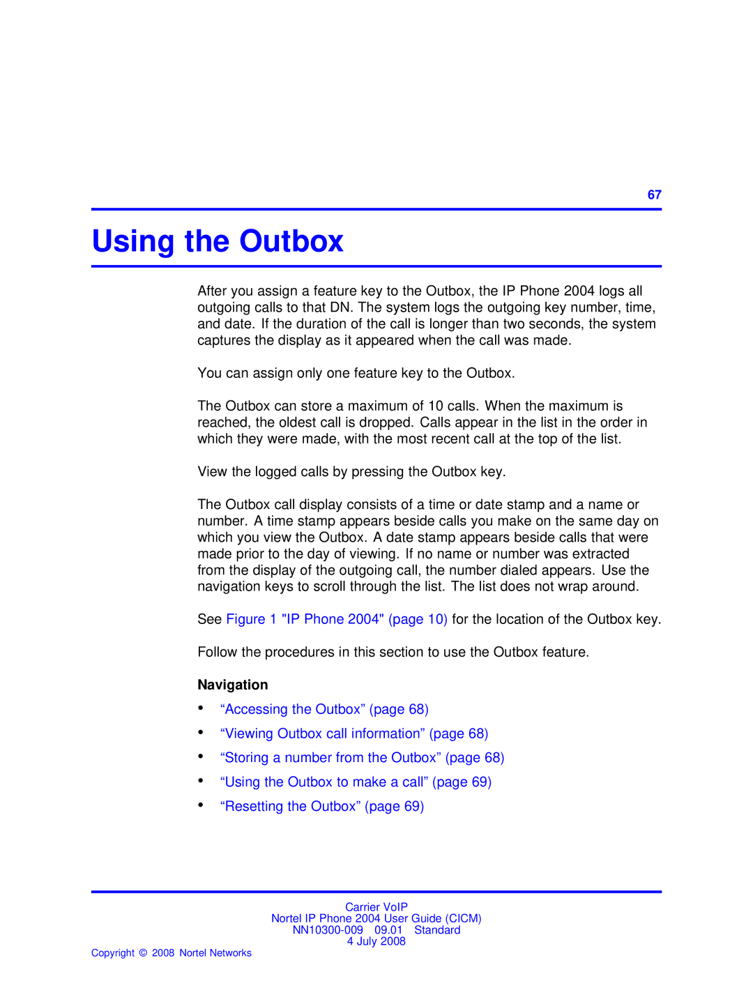 Nortel Networks NN10300-009 manual Using the Outbox 