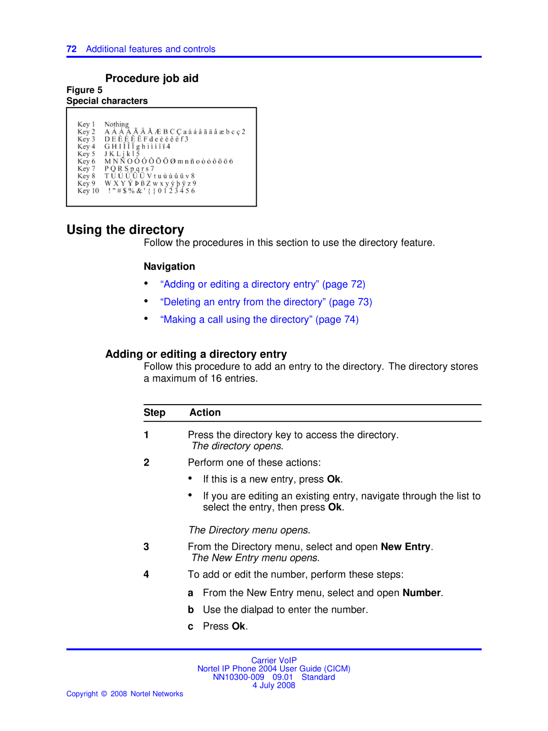 Nortel Networks NN10300-009 manual Using the directory, Procedure job aid, Adding or editing a directory entry 