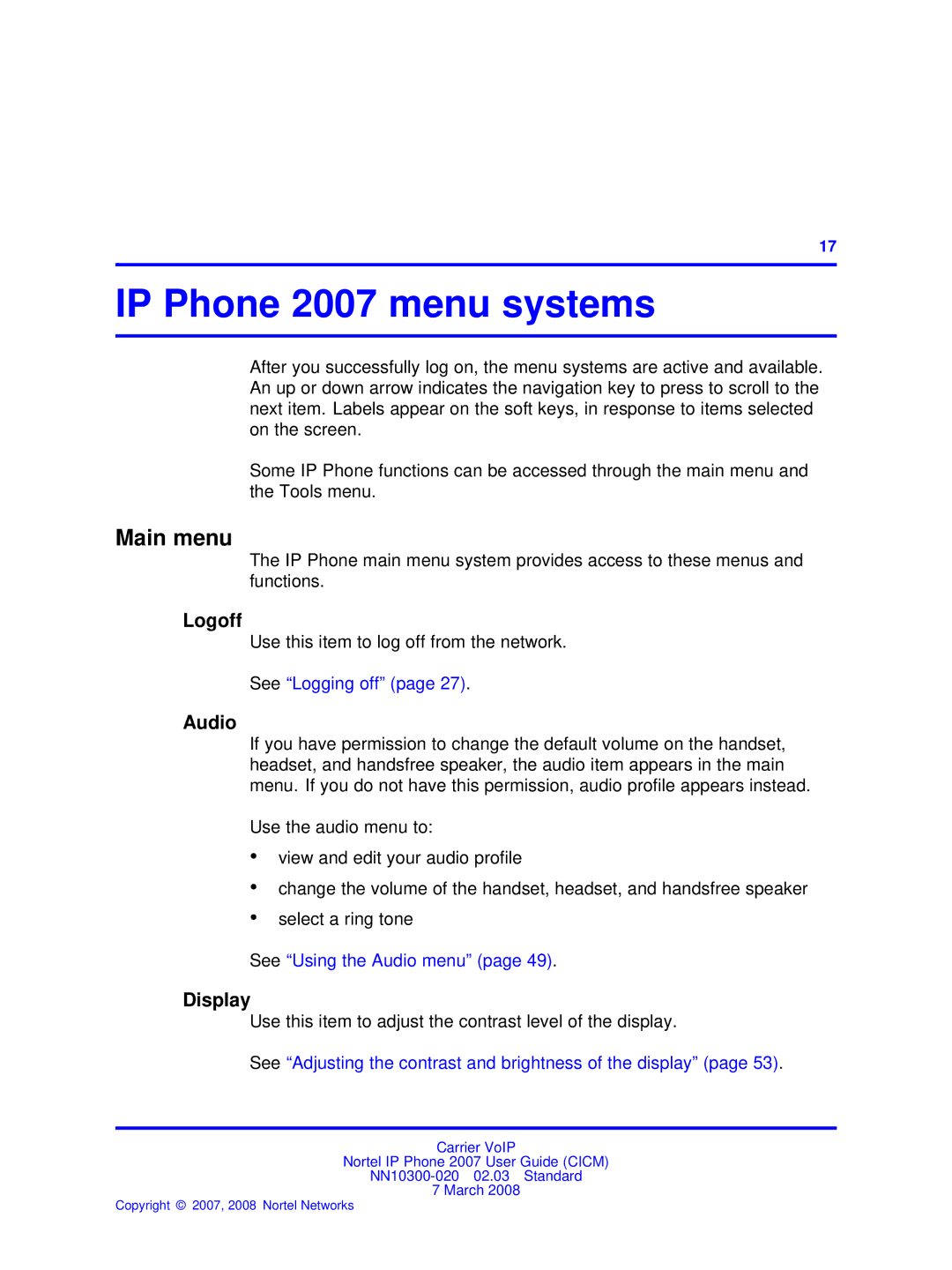 Nortel Networks NN10300-020 manual IP Phone 2007 menu systems, Main menu, Logoff, Audio, Display 