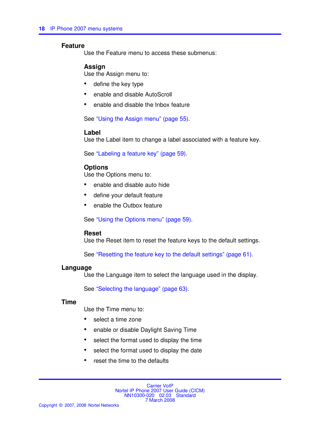 Nortel Networks NN10300-020 manual Feature, Assign, Label, Options, Reset, Language, Time 