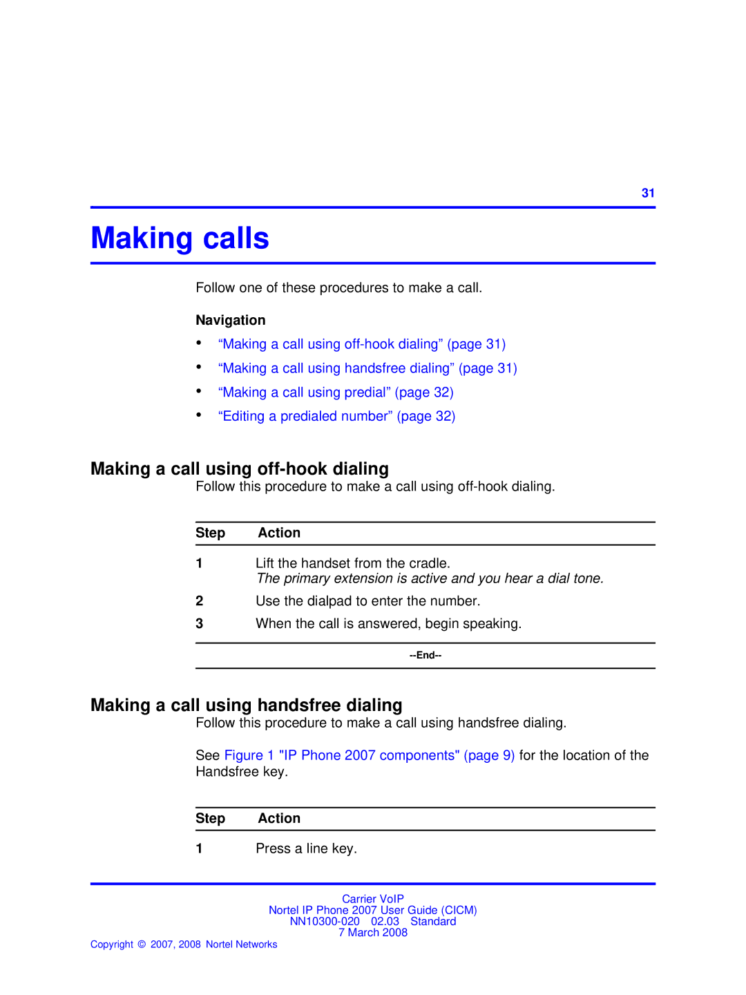 Nortel Networks NN10300-020 Making calls, Making a call using off-hook dialing, Making a call using handsfree dialing 