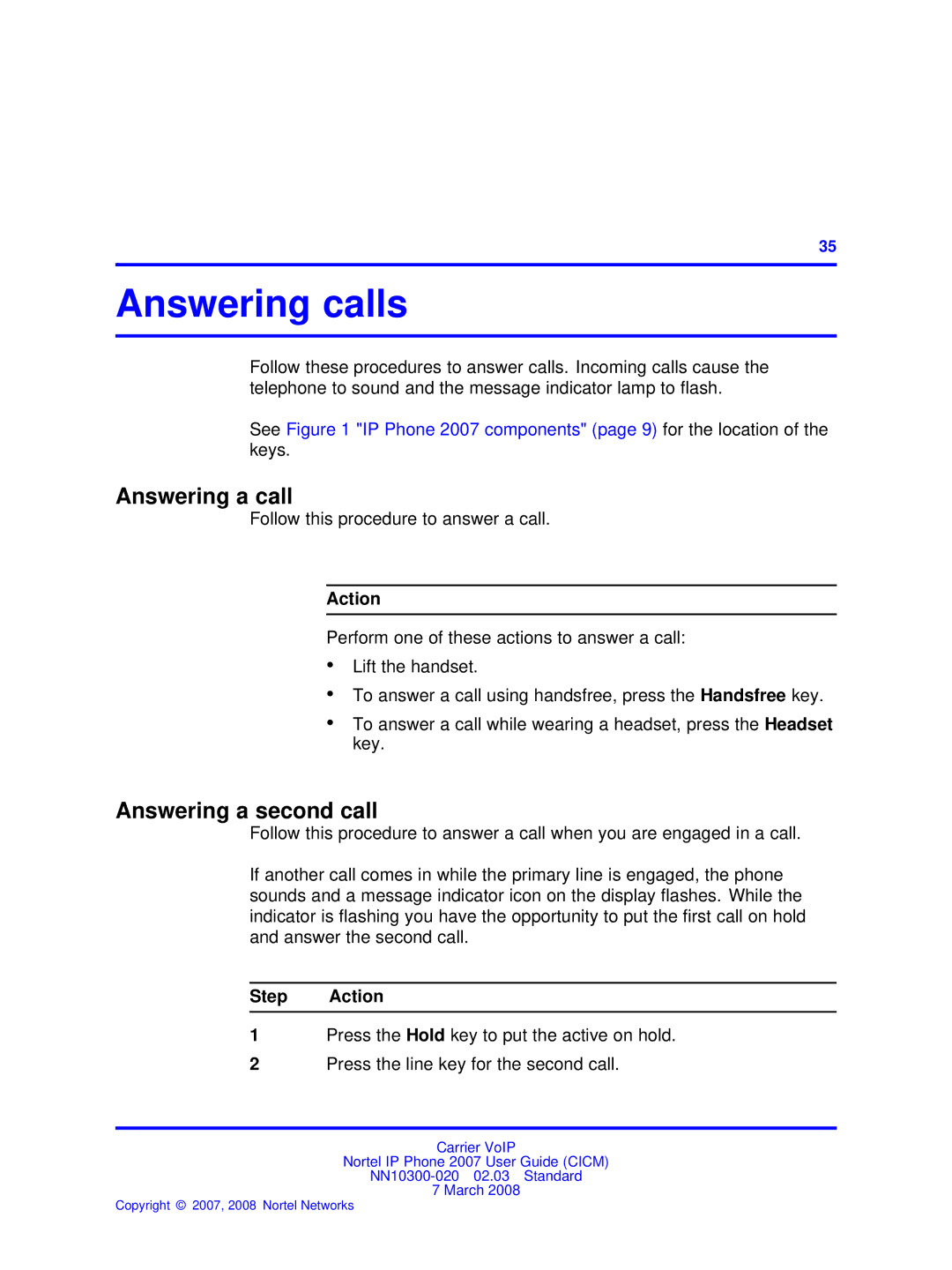 Nortel Networks NN10300-020 manual Answering calls, Answering a call, Answering a second call 