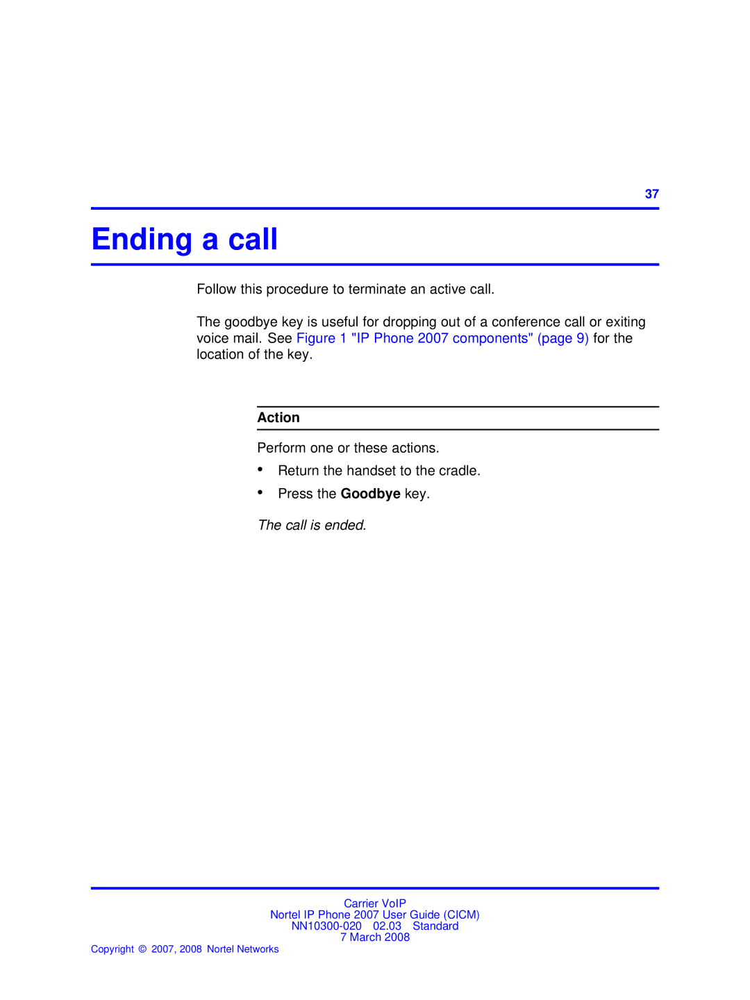 Nortel Networks NN10300-020 manual Ending a call, Call is ended 