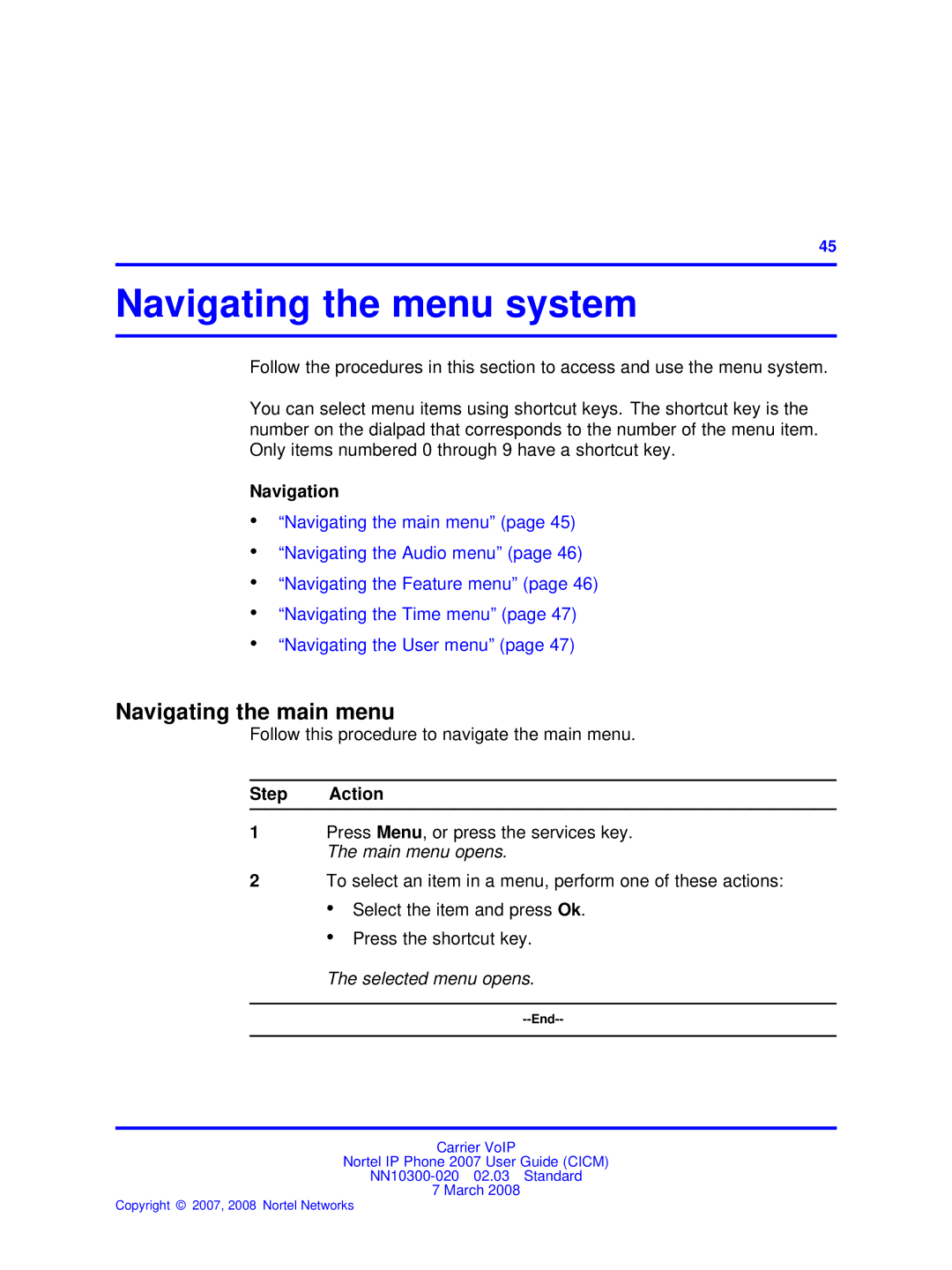 Nortel Networks NN10300-020 manual Navigating the menu system, Navigating the main menu, Selected menu opens 