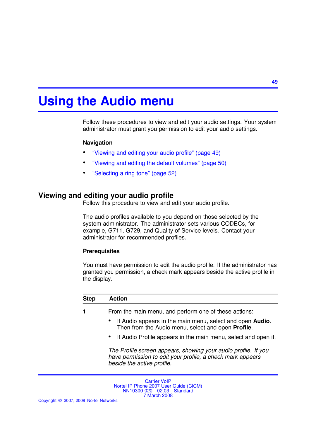 Nortel Networks NN10300-020 manual Using the Audio menu, Viewing and editing your audio profile 