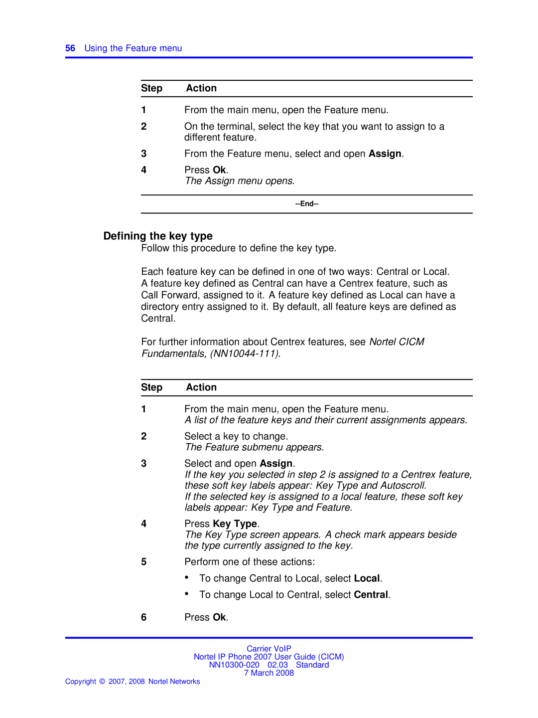 Nortel Networks NN10300-020 Defining the key type, Assign menu opens, Fundamentals, NN10044-111, Feature submenu appears 