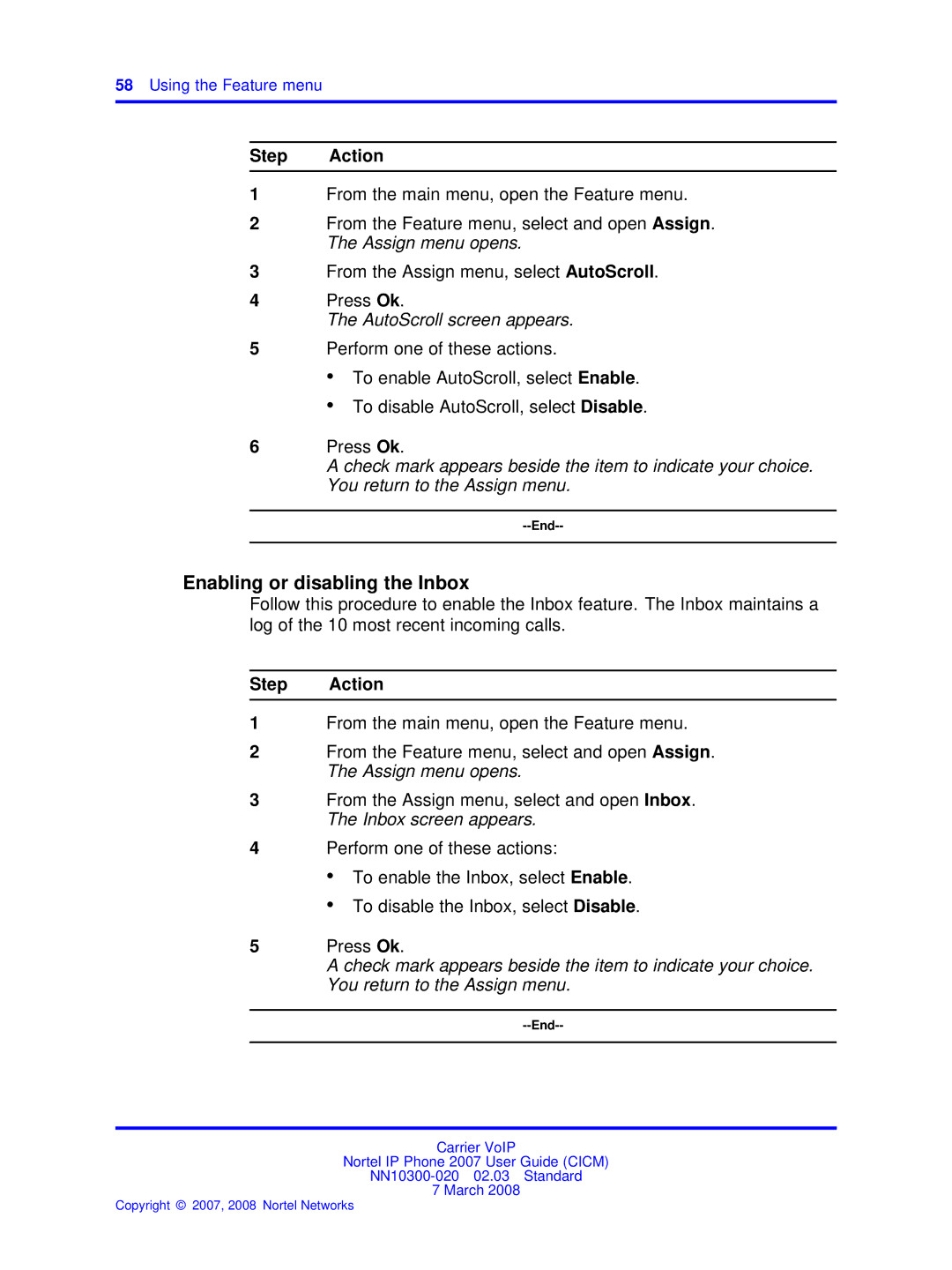 Nortel Networks NN10300-020 manual Enabling or disabling the Inbox, AutoScroll screen appears 