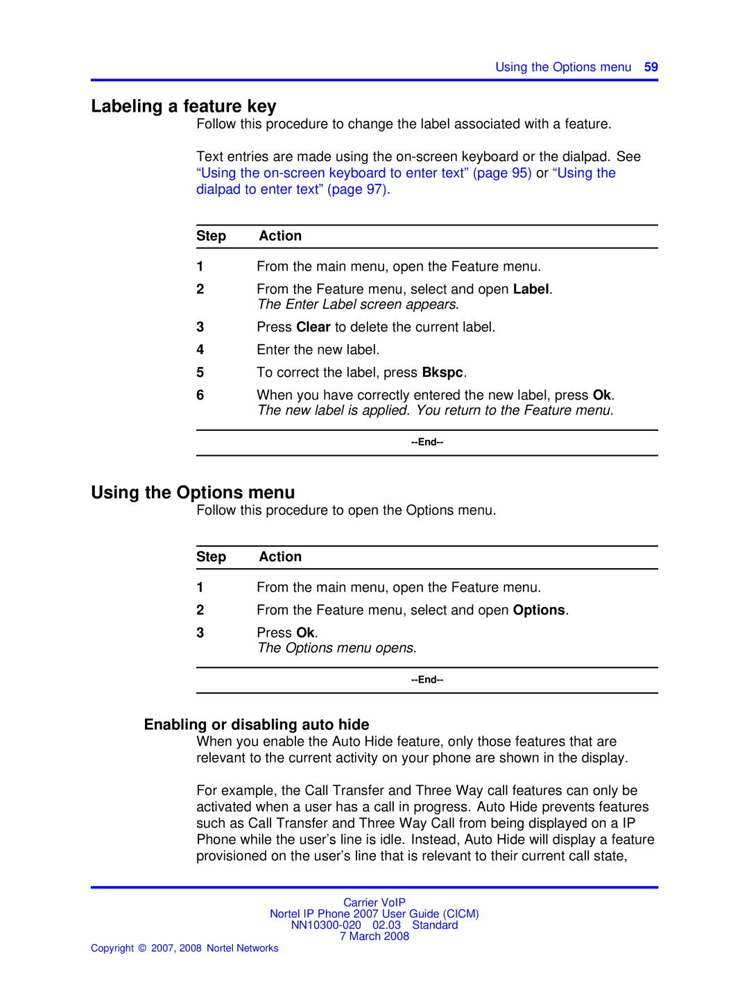 Nortel Networks NN10300-020 manual Labeling a feature key, Using the Options menu, Enabling or disabling auto hide 