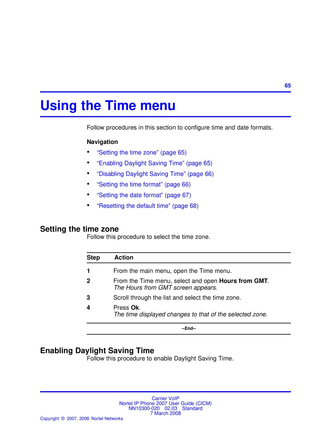 Nortel Networks NN10300-020 manual Using the Time menu, Setting the time zone, Enabling Daylight Saving Time 