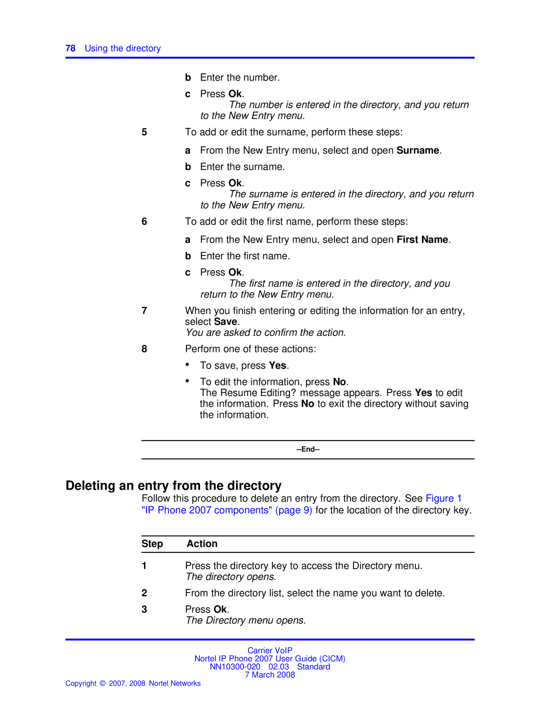 Nortel Networks NN10300-020 manual Deleting an entry from the directory, Enter the number Press Ok 