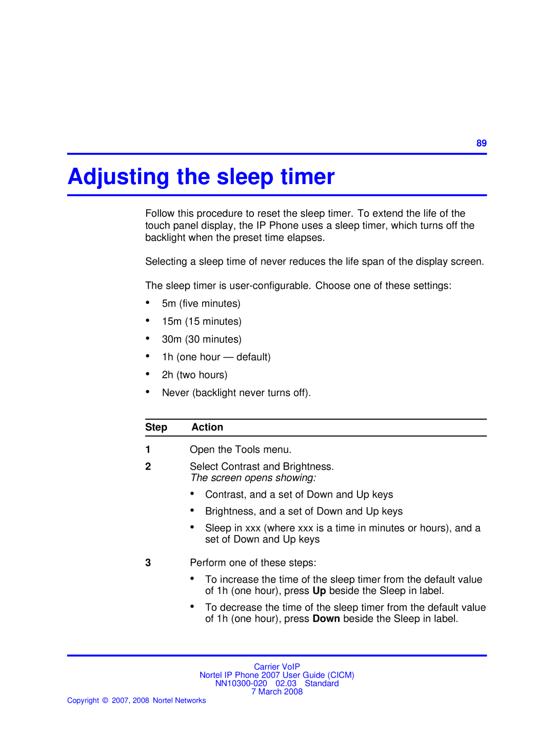 Nortel Networks NN10300-020 manual Adjusting the sleep timer 