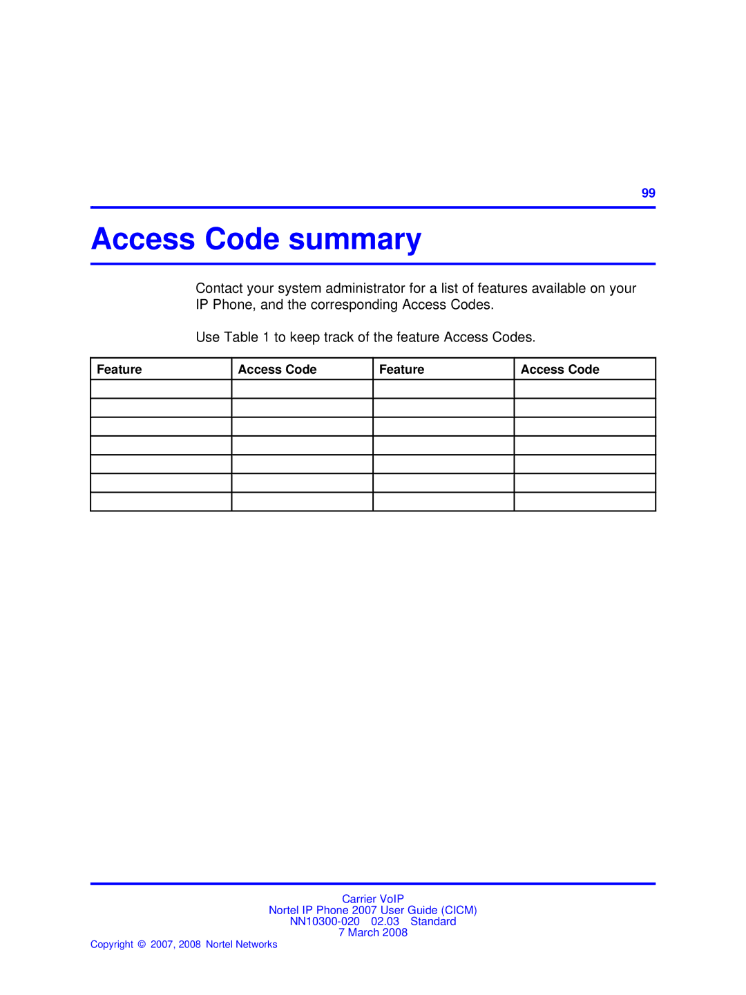 Nortel Networks NN10300-020 manual Access Code summary, Feature Access Code 