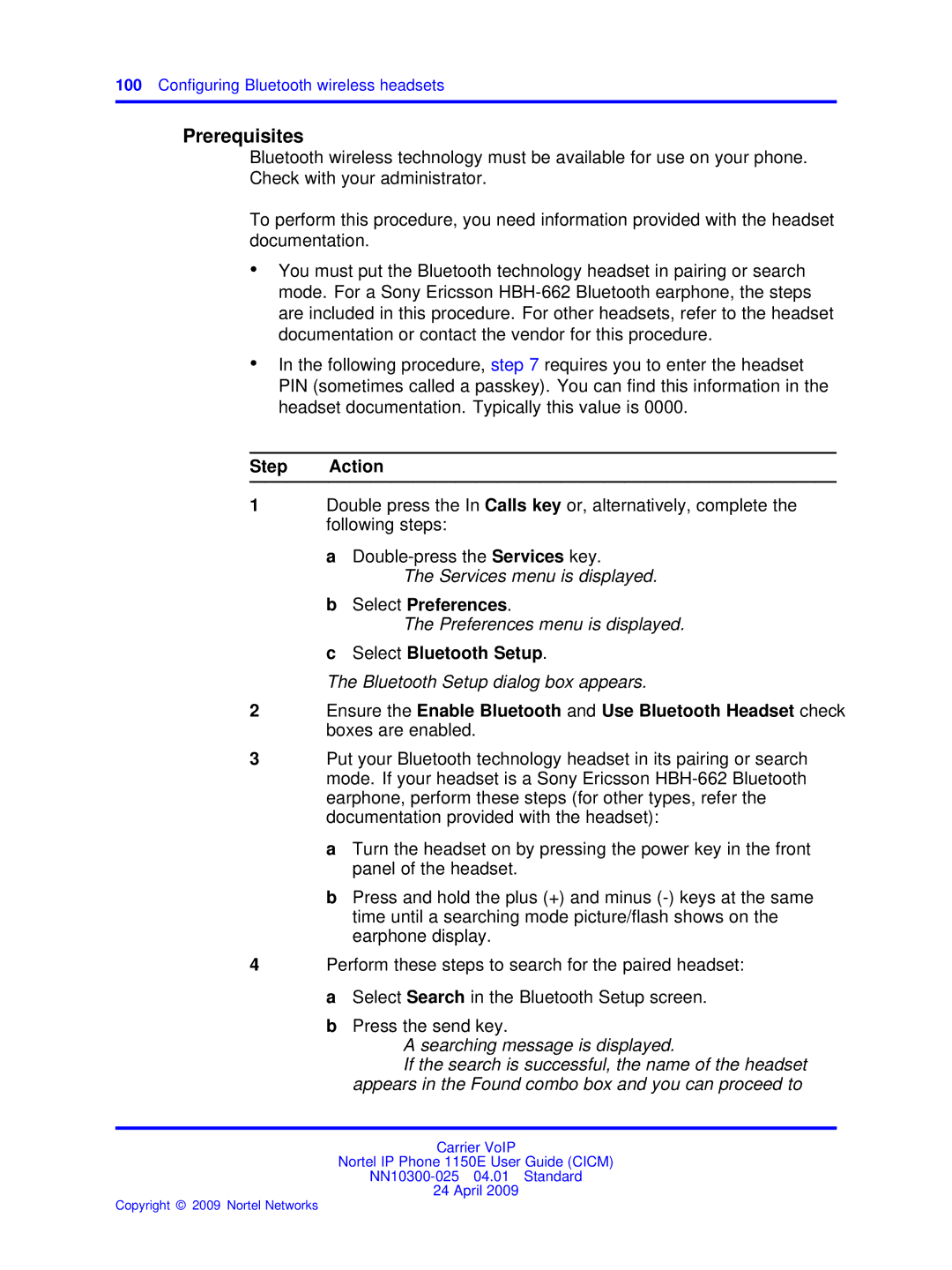 Nortel Networks NN10300-025 manual Services menu is displayed, Configuring Bluetooth wireless headsets 