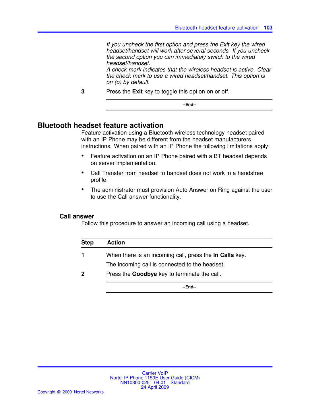 Nortel Networks NN10300-025 manual Bluetooth headset feature activation, Press the Exit key to toggle this option on or off 